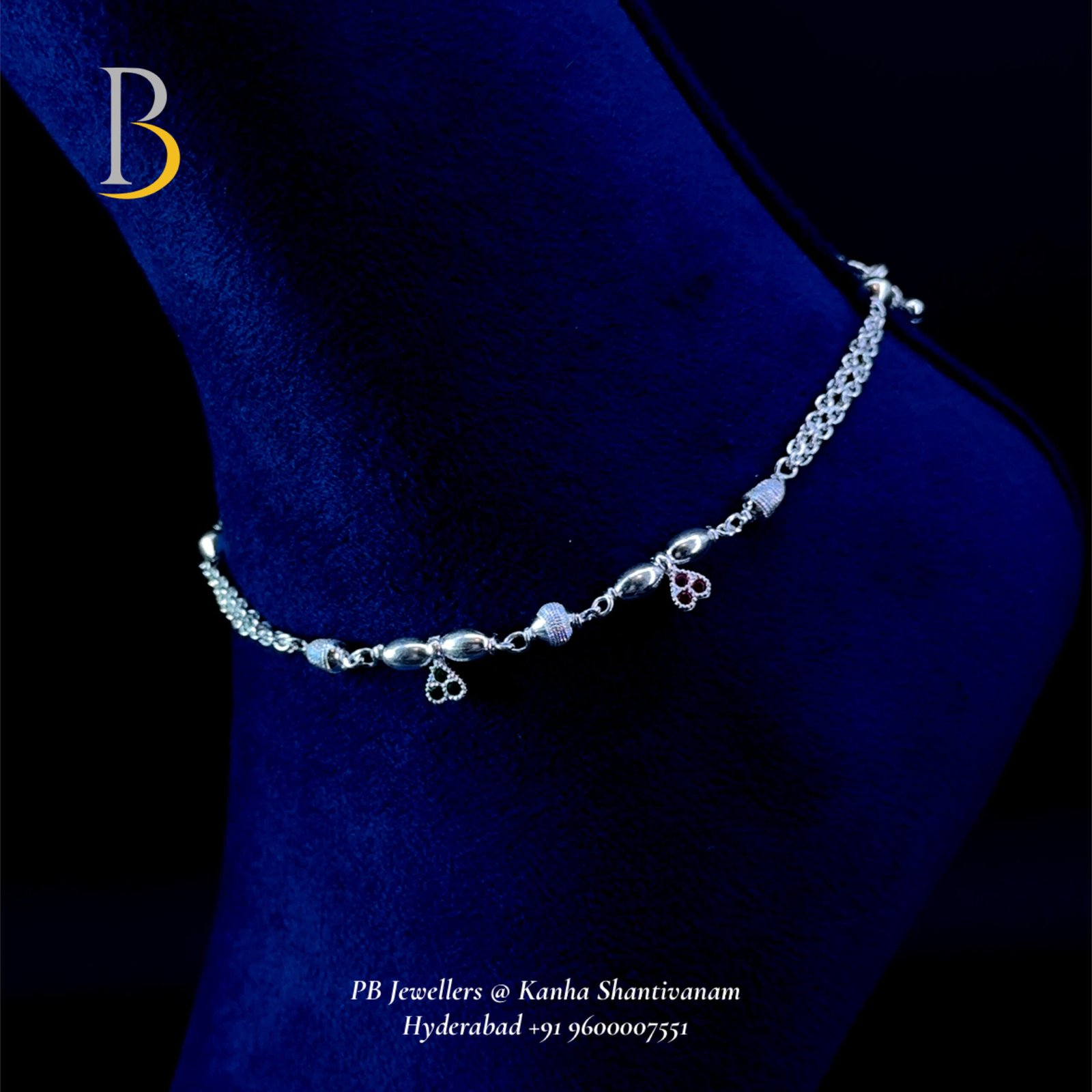 Pure 92.5 Silver Baby Anklet with Heart Charms & Beads