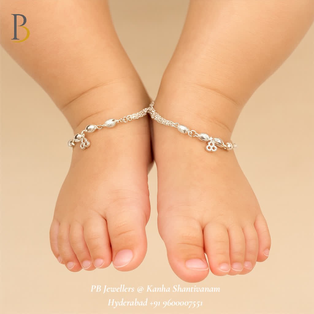 Pure 92.5 Silver Baby Anklet with Heart Charms & Beads