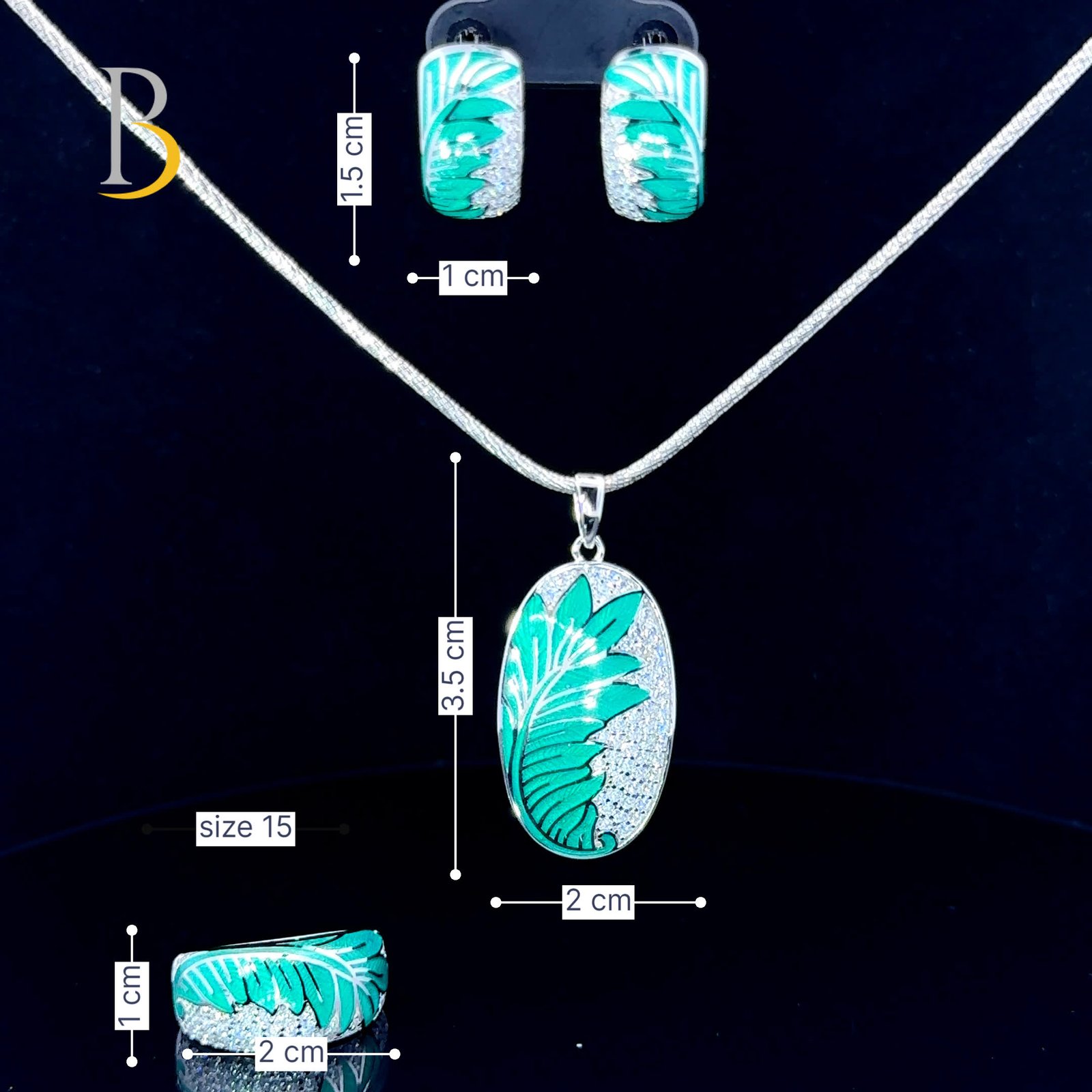 92.5 Silver Green Enamel Leaf Set ✨