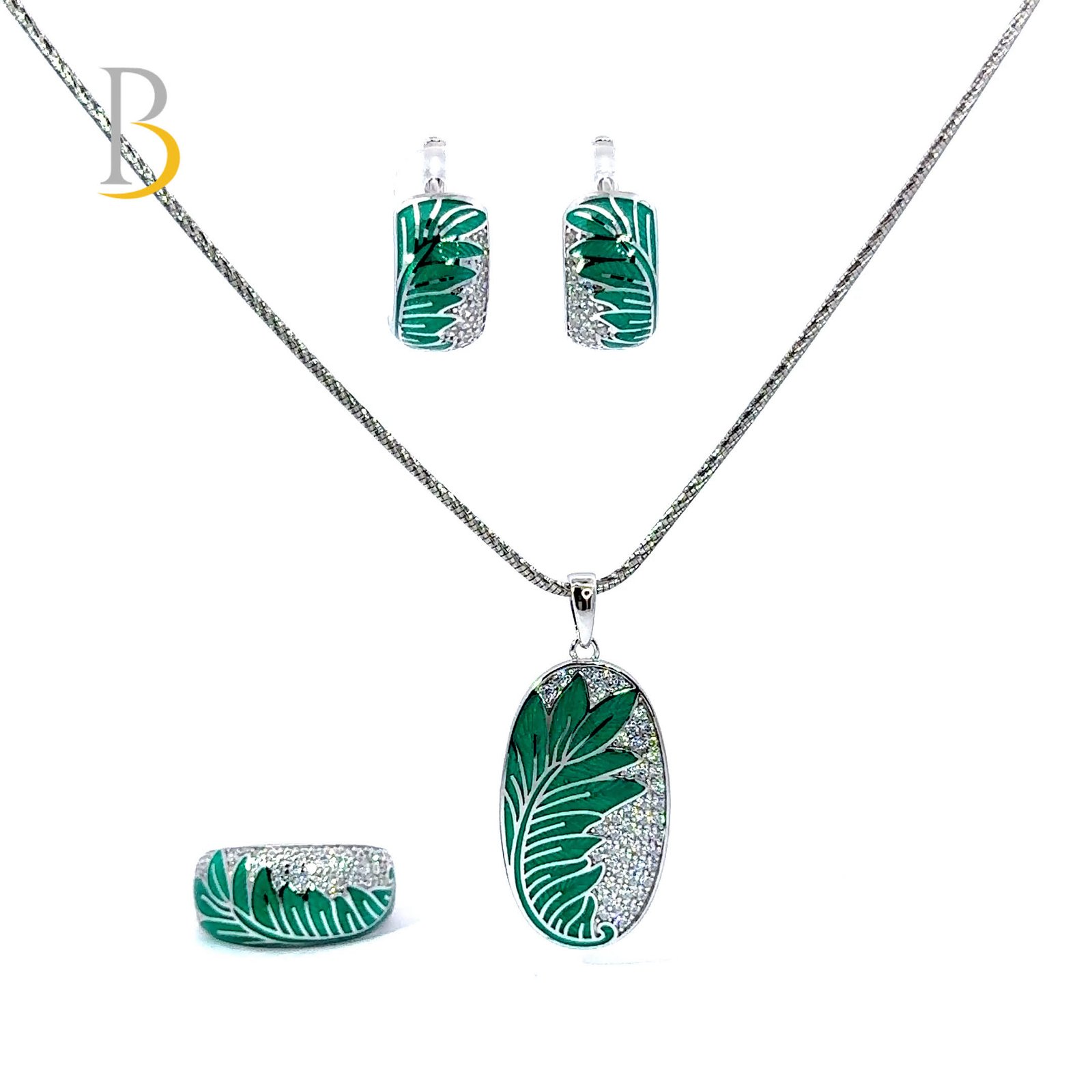 92.5 Silver Green Enamel Leaf Set ✨