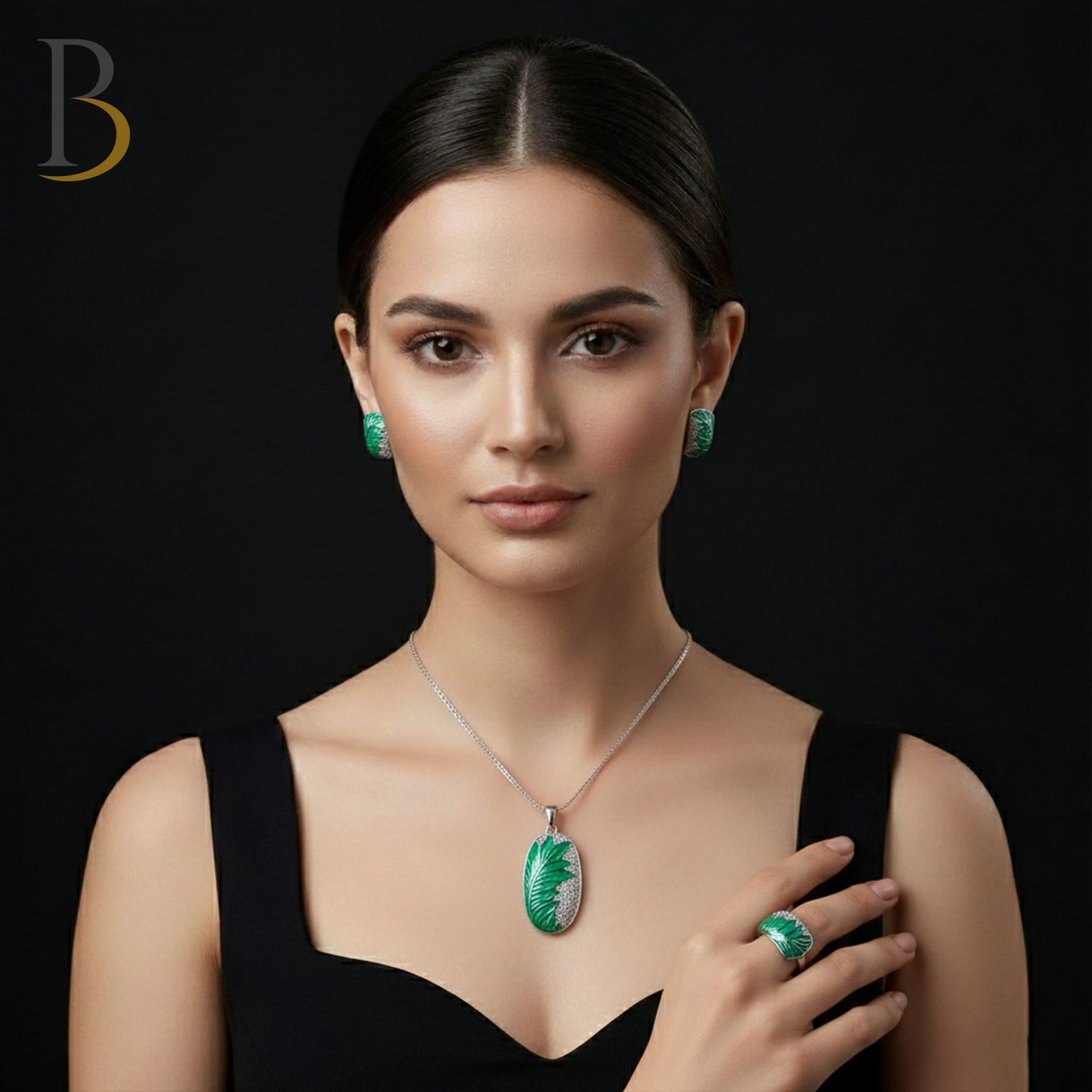 92.5 Silver Green Enamel Leaf Set ✨