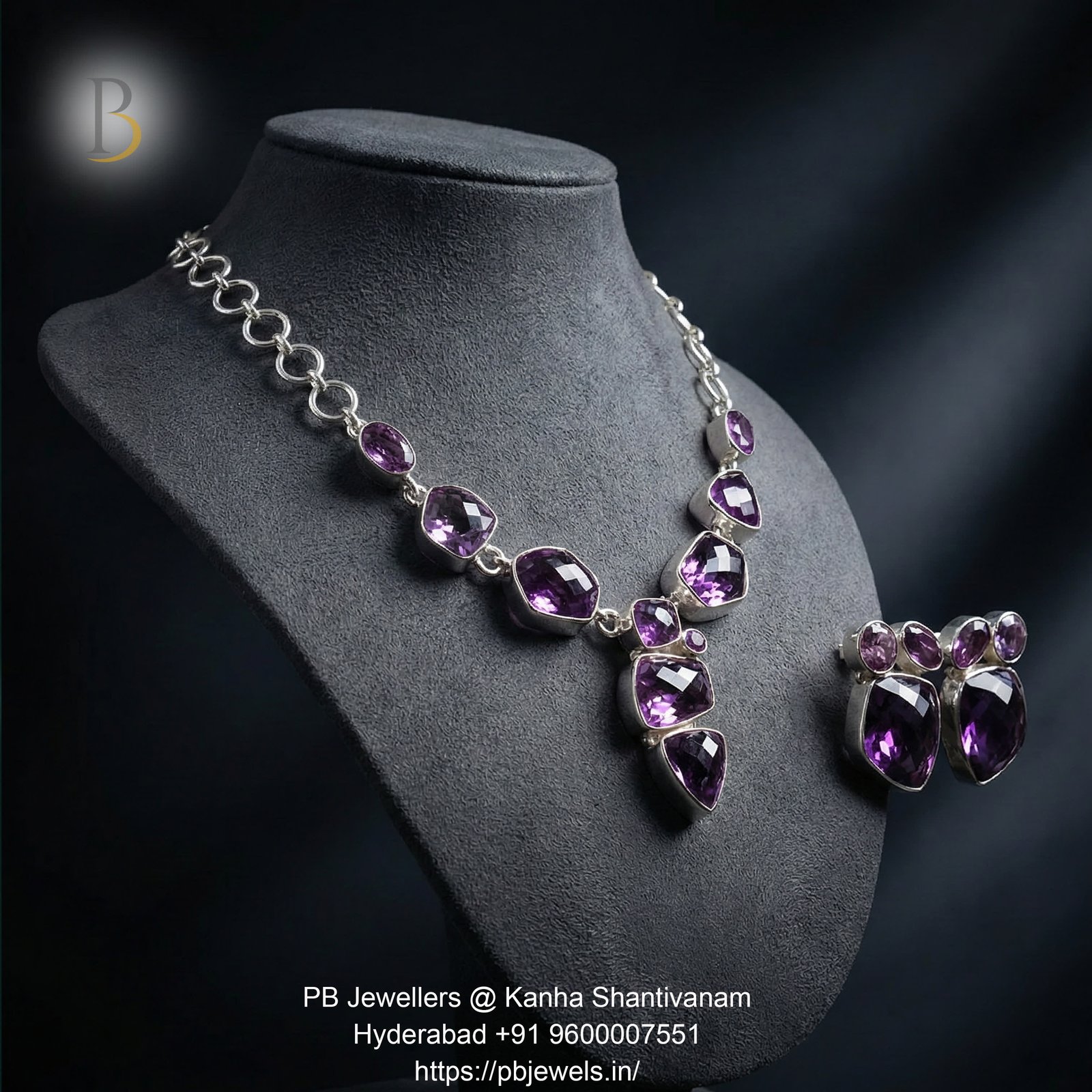 92.5 Sterling Silver Amethyst Statement Necklace Set β¨