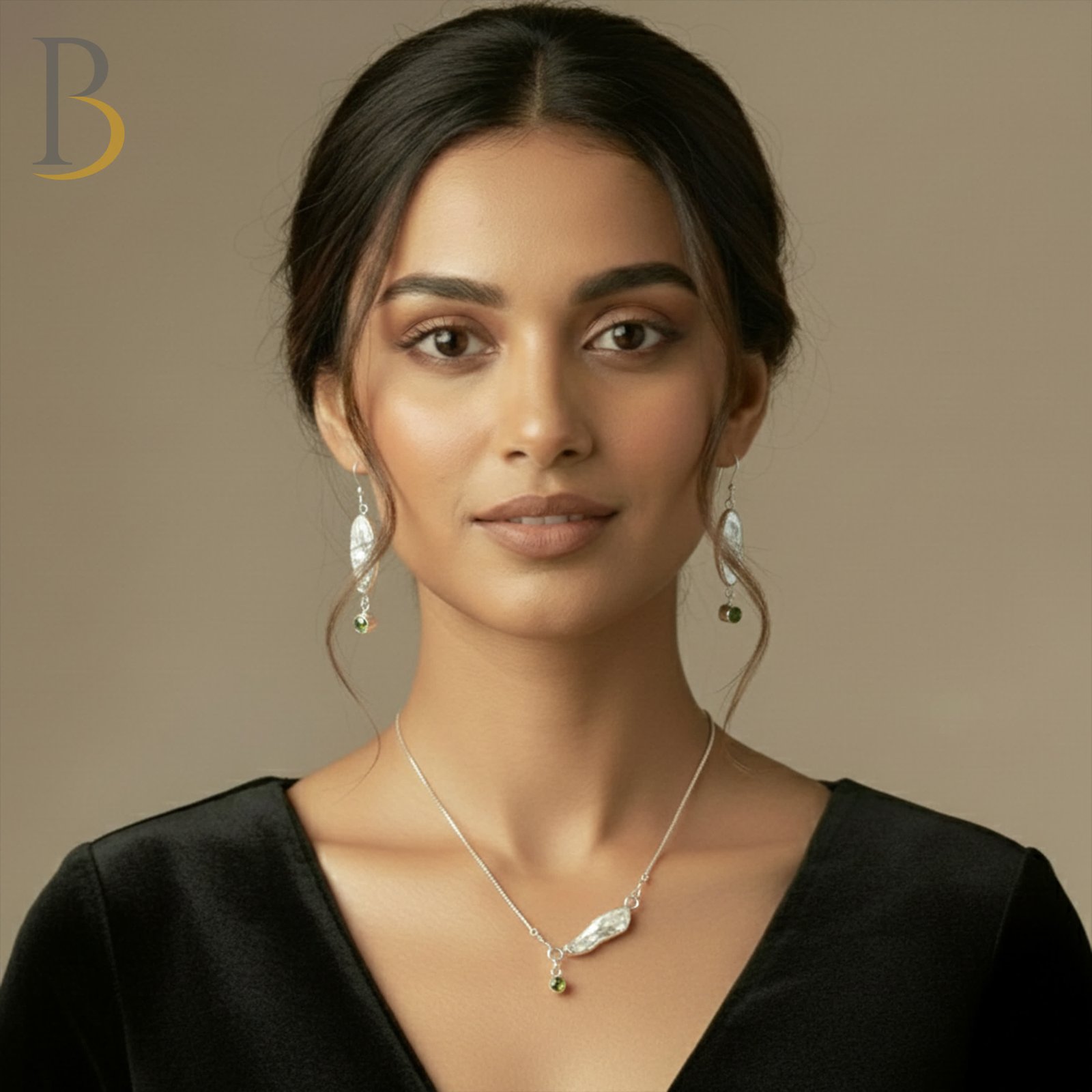 92.5 Silver Pearl & Green Peridot Drop Earrings ✨